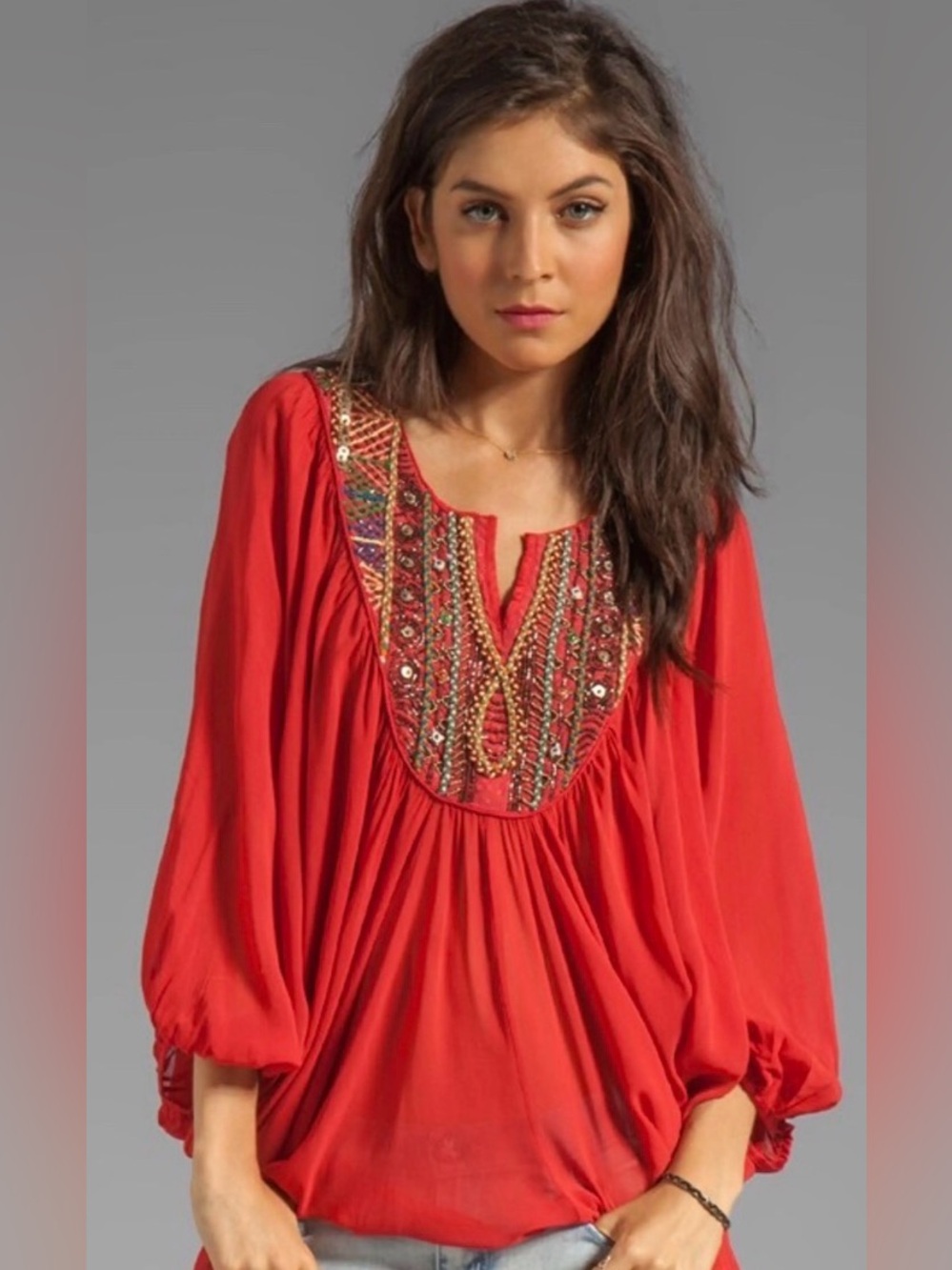 Free People Fortune Teller Tunic Top Red Beaded Embroidered Boho Caftan
